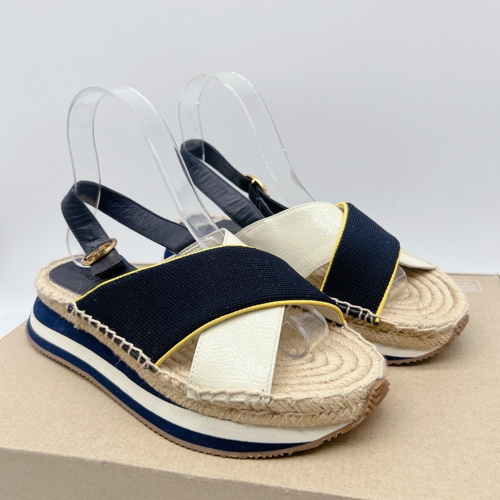 Tory Burch Logo Daisy Platform Espadrilles Slingback Sandal Blue White US 7